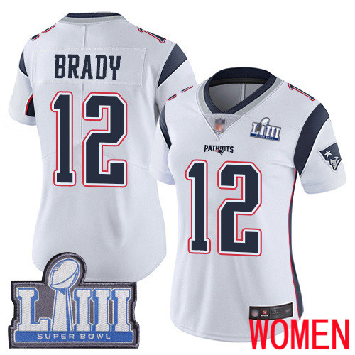 New England Patriots Football #12 Super Bowl LIII Bound Limited White Women Tom Brady Road NFL Jersey